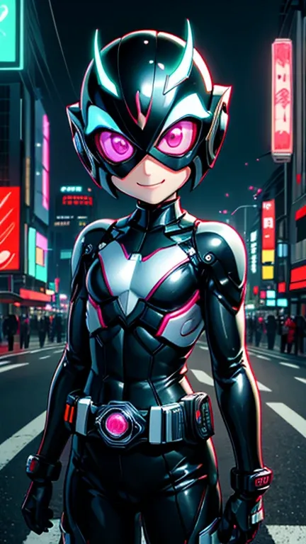 (8k),(masterpiece),(Japanese),(8-year-old girl),((innocent look)),((Childish)),From the front,smile,cute,Innocent,Kind eyes,Flat chest,black helmet, grey domino mask,Aurora, bald,no Hair,Strong wind,night,dark, Neon light cyberpunk city,Kamen_Rider,camisa