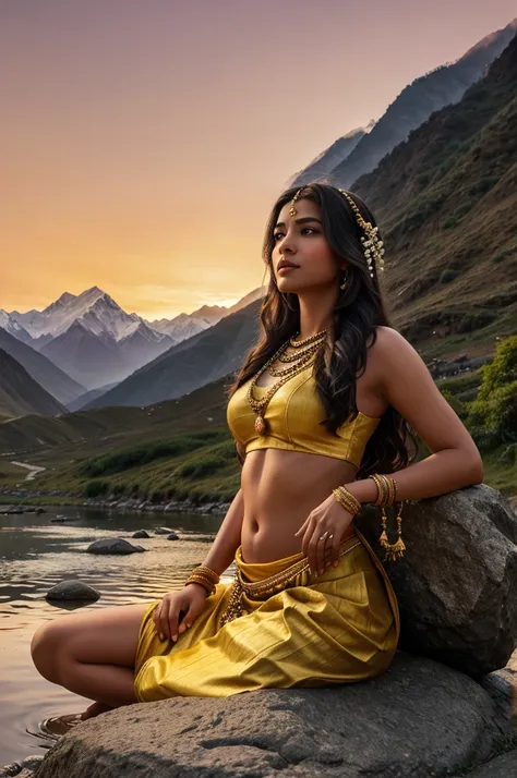 "Create an image where Lord Shiva, adorned in traditional attire with his trident and snake, is sitting on a rock in a serene mountainous landscape. He is engaged in a deep and meaningful conversation with a young woman dressed in simple, traditional India...