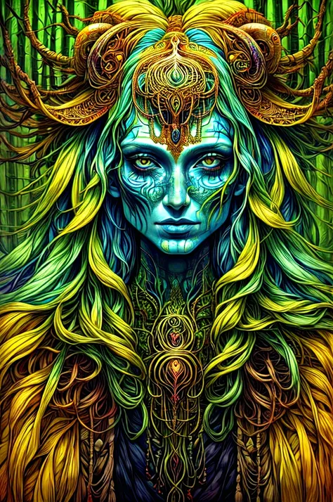 woman in a mythical forest, work of art, face perfect, details intricate, horror theme not style by xk3mt1ks, colorfully, on neu...