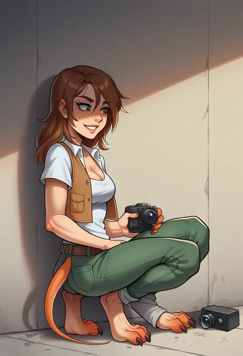 lap, butt facing towards camera, looking horny, , horny expression, ( female girl turning into a female velociraptor), skinny, digitigrade, female, clothes, breast, bust, wearing a vest and cargo pants , BREAK (by zackary911, by braeburned, by haps), (tran...