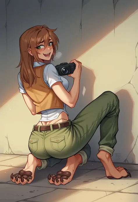 lap, butt facing towards camera, looking horny, , horny expression, ( female girl turning into a female velociraptor), skinny, digitigrade, female, clothes, breast, bust, wearing a vest and cargo pants , BREAK (by zackary911, by braeburned, by haps), (tran...