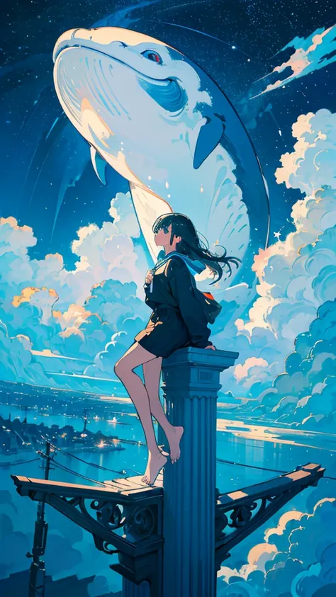 masterpiece, Exquisite detail,Highest quality, One girl, alone, handrail, cloud, Looking up at the buildings,Long Hair, NULL, Long sleeve, Power lines, White footwear, Black Hair, View your viewers, Electric pole, bangs, cloudy NULL, fish, bird, Green Eyes...