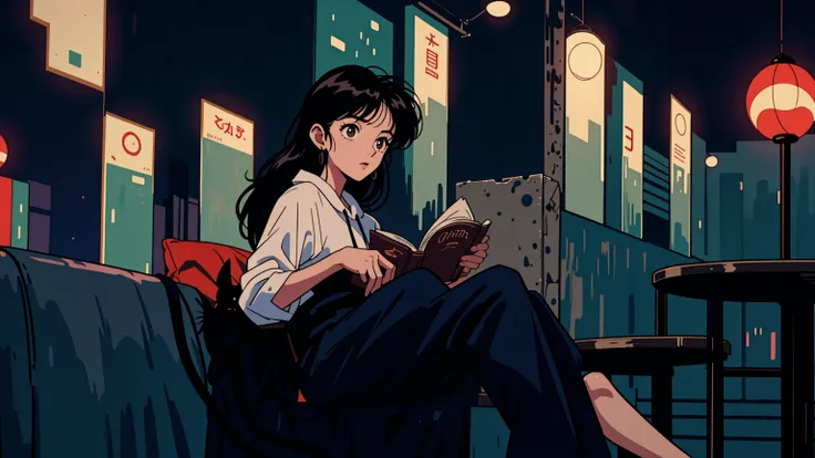 best quality, 8k, 1990s style,2010s hairstyles, 21 year old girl, black hair, long hair, light brown eyes, city pop, pants ,night view, wearing headphones,reading a book, whole body,  relax coffee,table,confection,Looking at me, Black cat
