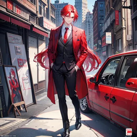 (masterpiece), best quality, seductive eyes, perfect face, handsome man, dark red eyes, side part red hair, long nose, business red suit, red necktie, red innershirt, extremely tall man, long legs, long calves, full body, tall man, long legs, anime cover, ...