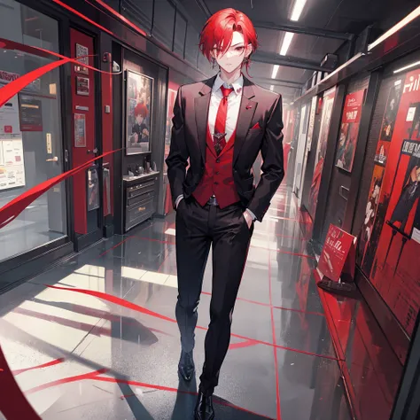 (masterpiece), best quality, seductive eyes, perfect face, handsome man, dark red eyes, side part red hair, long nose, business red suit, red necktie, red innershirt, extremely tall man, long legs, long calves, full body, tall man, long legs, anime cover, ...