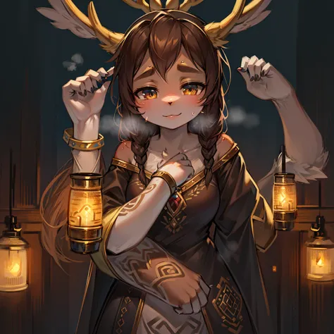 Create an illustrated, hand-drawn, full-color image of an anthropomorphic reindeer women. The artwork should be rendered in the style of "Breath of the Wild," featuring warm lighting and shadows. Include graphite shading, stencil marks, and airbrushed acry...