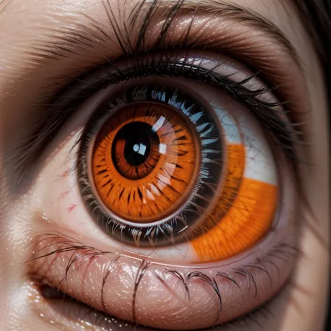 An orange eye with Japanese symbols on it and a focus only on the eye 8k