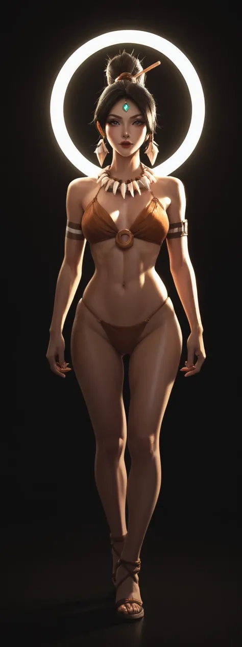 realistic, score_9, score_8_up, score_7_up, score_6_up, 
1girl, solo, from front, full body, Nidalee (league of legends),  black background, makeup, sidelighting, backlighting, glowing,