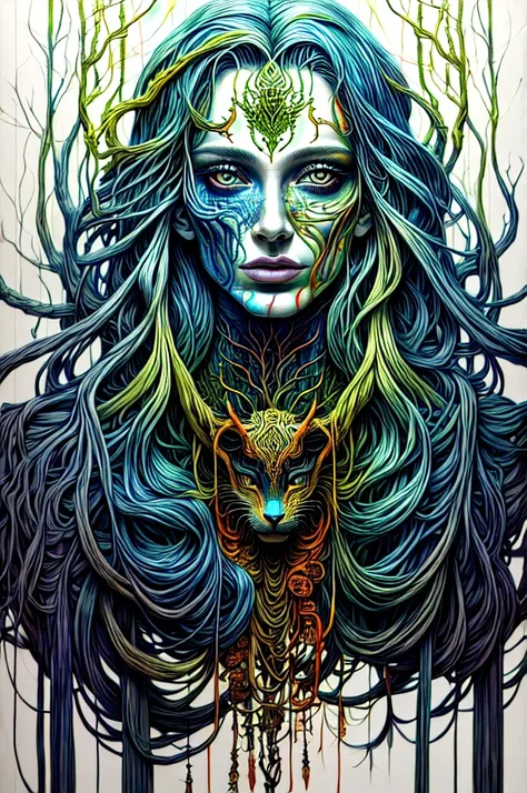 woman in a mythical forest, work of art, face perfect, details Intricate, horror theme not style by xk3mt1ks, colorfully, on white background