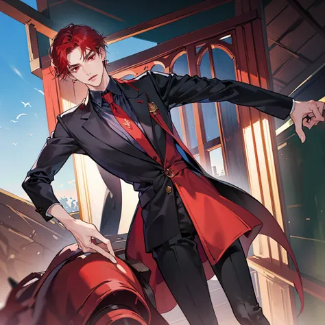 (masterpiece), best quality, seductive eyes, perfect face, handsome man, dark red eyes, side part red hair, long nose, business red suit, red necktie, red innershirt, extremely tall man, long legs, long calves, full body, tall man, long legs, anime cover, ...