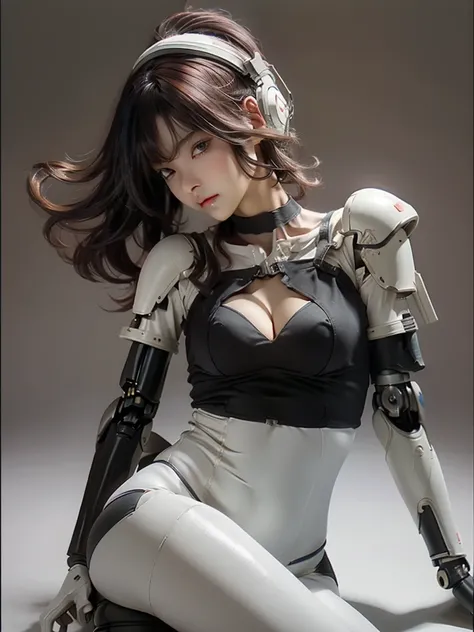 Extremely cute human eighteen year old girl face, human torso, human huge , human abdomen, human hips, robotic arms, mechanical legs, arms and legs with hard white shiny shell and black joints, very beautiful and feminine, short, , small, small, busty butt...