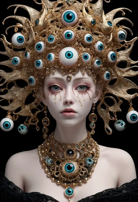 Digital Illustration，Grotesque Aesthetics：Multi-eyed sculpture，Tears，There are many eyeballs growing on the skin of the face，Eyeball Necklace，Eyeball Crown，Realistic eyeballs，teeth，Distorted face， Solitary，black background，crown，veil，Hands touch your face，...