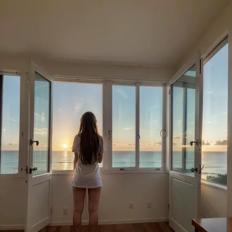 woman standing in her room in front of a window looking out at the ocean, fine art, looking out at a sunset, looking out over the sea, looking out at the ocean, looking off into the sunset, sunset view, beautful view, looking at sunset, gorgeous view, over...