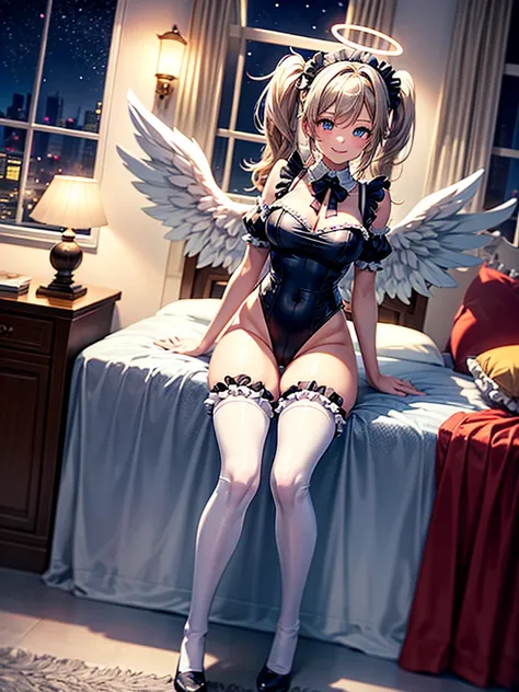 Highest Resolution,8K quality,Smiling beautiful girl in maid leotard,High leg,(((Frills))),White angel wings on your back,Halo,Bedroom,Night view outside the window,Very beautiful eyes,whole body,front,Knee-high stockings,Drink,