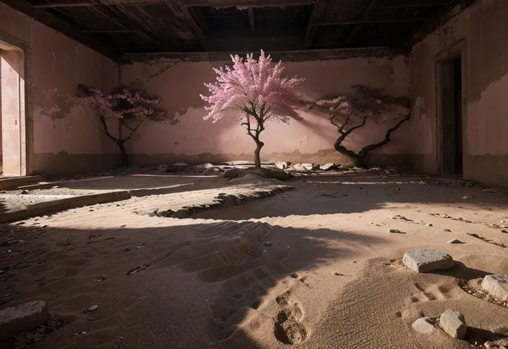 A stunning pink tree on the beach rocks, Realistic lighting style, channel, Art inspired by faith, abandoned space, Well-lit scenes, immersive environment, Floral and natural patterns--ar 1  