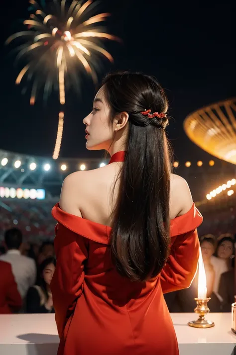 (((best quality))),(((ultra detailed))),(((masterpiece))),illustration, ((Olympic Opening Ceremony,in Paris,summer night,magnificent National stadium of France,Olympic flame, fireworks)),(crowded crowds of enthusiastic spectators:1.3),((a beautiful Chinese...