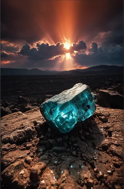 (Introduce quality iteratively))((large glowing transparent natural mineral, mystic light inside, sunbeam,  sunset, lightnings, dramatic lighting))(evocative depth of field)(grounded sharpness)(abyss black point)(art of genius)(earthly gradients)(earthy co...