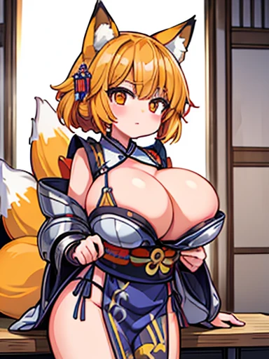 (fox girl:1.2), (alone:1.2), (obra teacher of pixiv:1.2), (metal armor kimono:1.2), (medieval fantasy city:1.0), (huge tits:1.2)