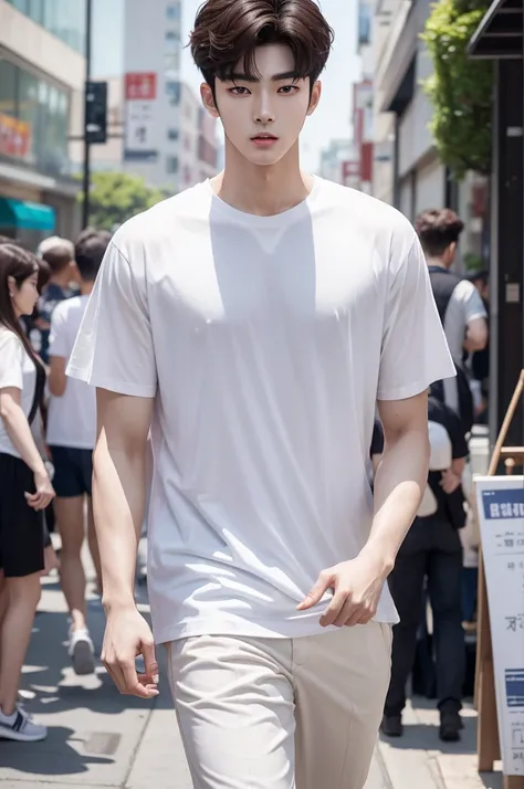  Cha Eun-woo a handsome twenty-year-old South Korean male model with a handsome and harmonious young face wearing a white t-shirt walking around the city ultra realistic image rich in details 8k 
