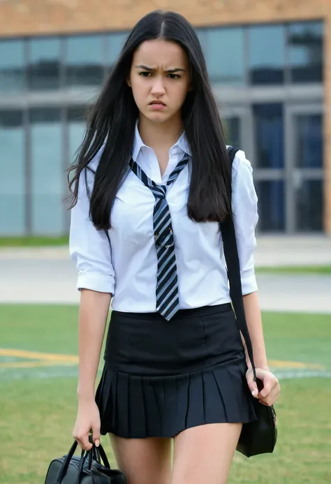 At school, a young woman, forehead, long black hair, black short skirt, bag, angry, inappropriate, Awesome details, 4K