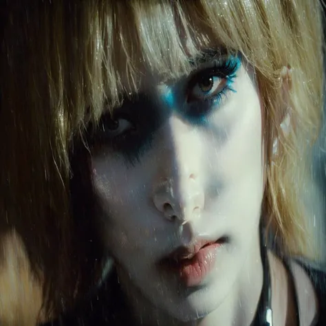 candid photo of the Blade Runner (1982) replicant named Priscilla "Pris" Stratton with iconic makeup alone on the street in the rain --style raw --s 0 --ar 10:16 --v 6.0