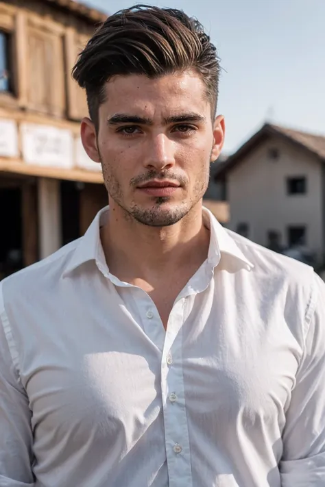 realistic photo of handsome men ,white shirt , village