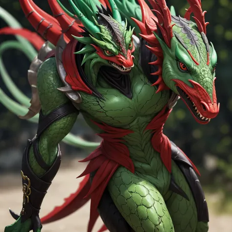 Dragão, cor verde, vermelho e preto, ameaçador, cores vividas, ninja (masterpiece: 1.2) (realistic: 1.2) (bokeh) (best quality) (detailed skin: 1.3) (intricate details) (8K) (detail eyes) (sharp focus), 