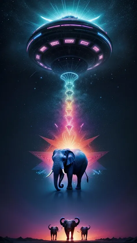 psychedelic surreal elephant giant elephant herd marching futuristic vibrant dreamlike landscape intense contrasting colors abstract floating geometric shapes neon lights kaleidoscopic sky starry sky powerful mysterious hypnotic energy pulsing psychedelic ...