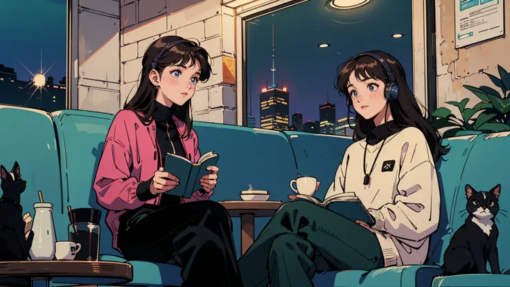 best quality, 8k, 1990s style,2010s hairstyles, 21 year old girl, black hair, long hair, light brown eyes, city pop, pants ,night view, wearing headphones,reading a book, whole body,  relax coffee,table,confection,Looking at me, Black cat
