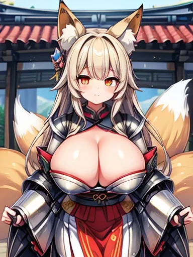 (fox girl:1.2), (Alone:1.2), (obra teacher of pixiv:1.2), (metal armor kimono:1.2), (medieval fantasy city:1.0), (huge tits:1.2)