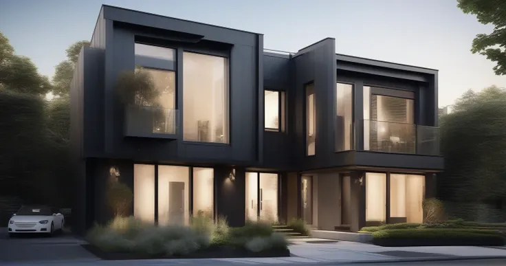 in daylight, a modern townhouse stands out with its sleek and sophisticated design, captured vividly in 4k resolution. here’s a ...