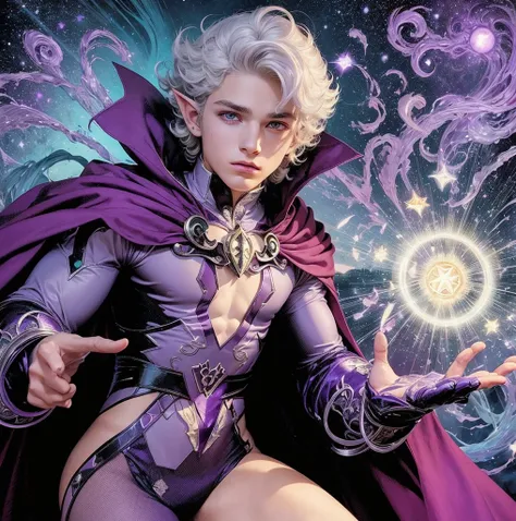 American classic comic book art: very young teenager man sorcerer ethereal delicate, energy white hair with curls, elf ears, purple-indigo bodysuit adorned mystical symbols, purple gloves, purple stockings, purple world of dreams, conjuring energy mystical...