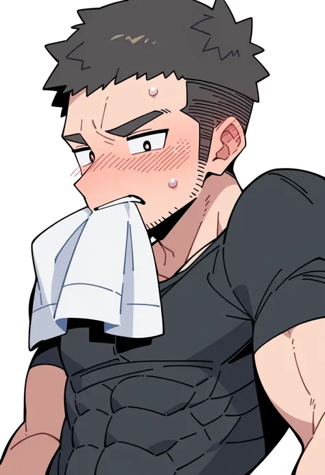 anime characters：Priapus, Muscle Sports Student, Manliness, male focus, Dark black tight T-shirt, Very tight, Sweat soaks clothes, full and perky chest muscles, muscular male, muscular, only, Upper body, Perfect muscular waist, alone, Black short hair, Thi...