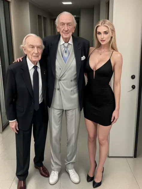 8k, Hyperrealistic body shot of pale blonde skinned woman being hugged from behind by a two 90 year old man wearing in a suit. Mulher com vestido curto, full body, big cleavage, girl fitness sexy hot, Girl muscular legs, Girl between two old men 