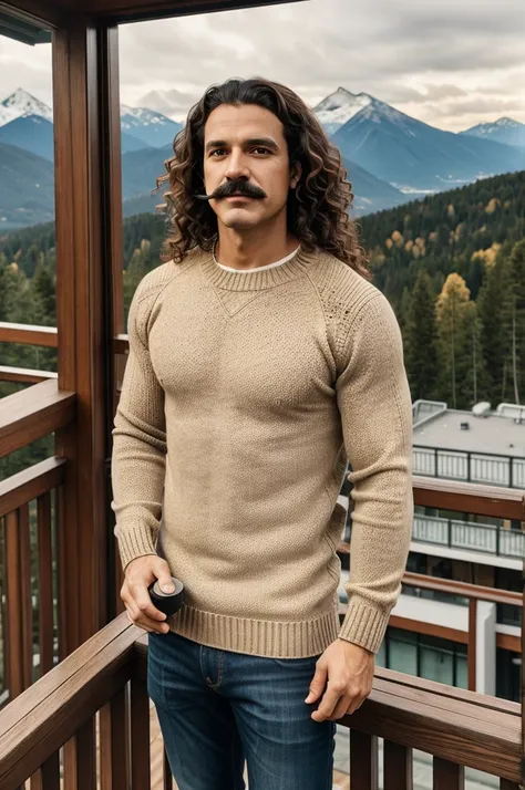 Photo of a man with long curly hair and a mustache, wearing a beige sweater, holding a white mug, standing on a wooden balcony, with a scenic view of mountains and forest in the background