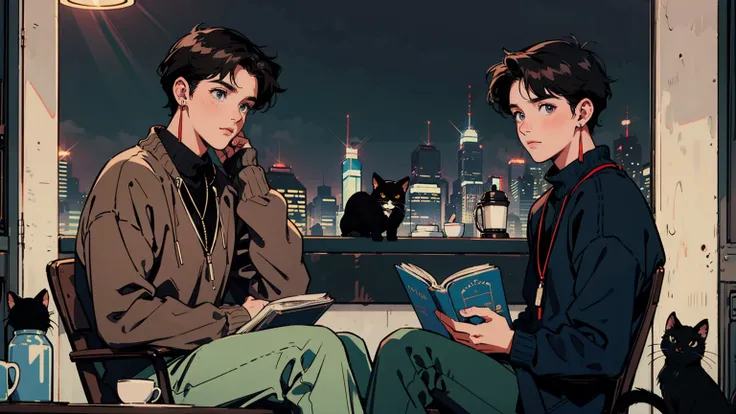 best quality, 8k, 1990s style,2010s hairstyles, 21-year-old boy, black hair, light brown eyes, city pop, pants ,night view, wearing headphones,reading a book, whole body,  relax coffee,table,confection,Looking at me, Black cat
