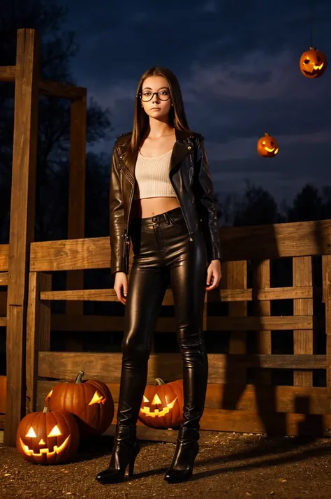 teenager girl, pale, wearing glasses brown shoulder length brown straight hair, black leather jacket, black leather leggings, black heels, halloween night setting on a hay bell