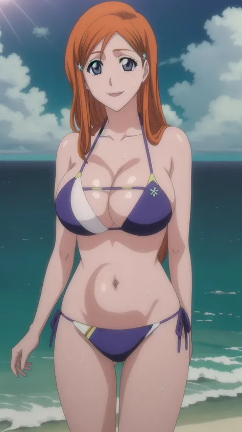 eft_bleach_orihime, 1girl, inoue orihime, solo, long hair, orange hair, grey eyes,breasts, hair ornament, large breasts,hairclip, purple eyes, smile, happy, looking at the viewer, blue theme, blue background, cloudy sky, sunlight, sweat, orgasmic, bikini s...