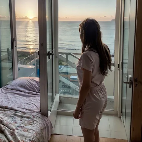 woman standing in her room wearing pajamas in front of a window looking out at the ocean, fine art, looking out at a sunset, looking out over the sea, looking out at the ocean, looking off into the sunset, sunset view, beautful view, looking at sunset, gor...