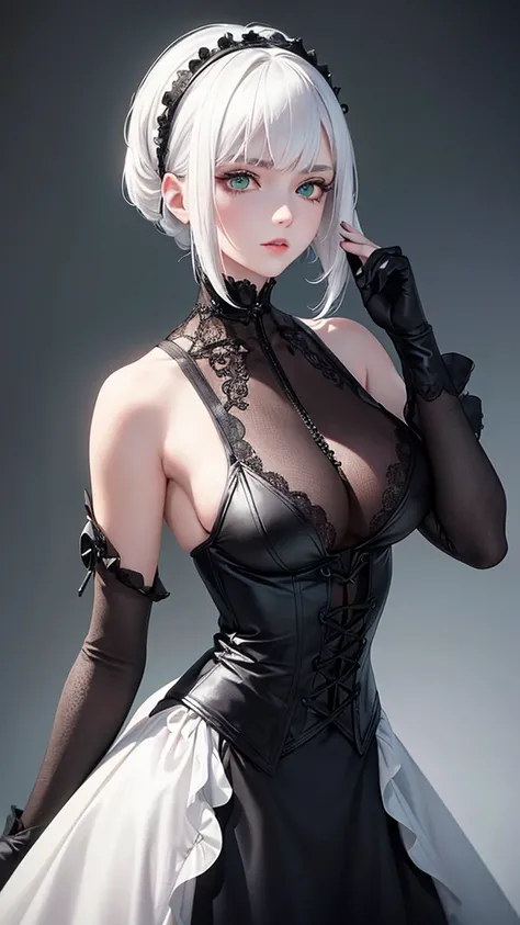 girl with white hair,with bangs, black gloves, green eyes, gothic, dress, 4K, masterpiece, perfect body, stem,perfect eyes, perfect shading, perfect lighting, best quality, work of art, ultra detailed, detailed clothing