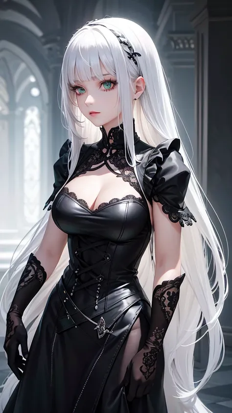 girl with white hair,with bangs, black gloves, green eyes, gothic, dress, 4K, masterpiece, perfect body, stem,perfect eyes, perfect shading, perfect lighting, best quality, work of art, ultra detailed, detailed clothing