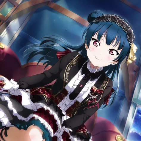 Yoshiko Tsushima、Blue Hair、Red eyes、Gothic Lolita、smug face、sit cross-legged on a chair、Wink、magic、night、dark、Bun right