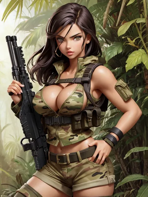 An image of a busty female soldier, adriana lima, brunette hair, gorgeous, (cleavage), camo vest, hotpants, jungle, (detailed skin complexion:1.2), best quality, vivid color, rtx shading effect, ambient occlusion, highly detailed textures