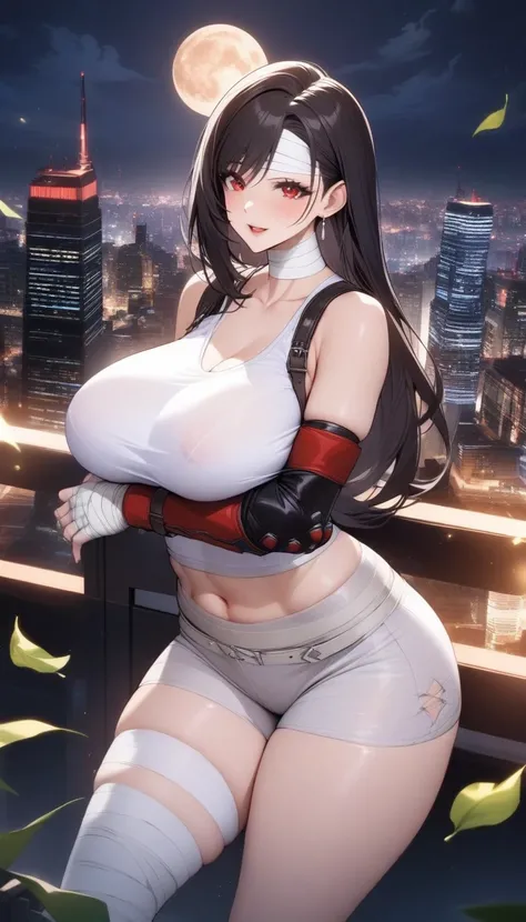 masterpiece, best quality, very aesthetic, absurdres, 1girl, mature_lady,  ,tifa lockhart, final fantasy, long black hair, red eyes,,bandaged_chest, bandaged_fingers, bandaged_hand, bandaged_head, bandaged_neck, bandaged_thighs, bandaged_pants, bandages co...