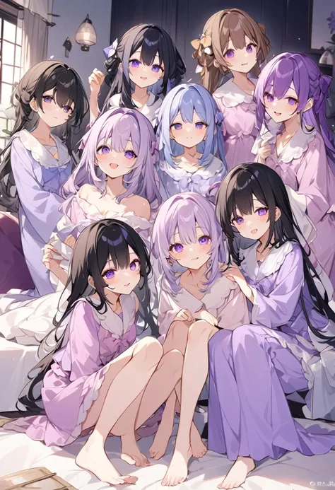 Keito。Purple pajamas。Purple Eyes。Black Hair。barefoot。7 Sisters。Both of them have light purple hair.。all female。Seven siblings。Purple bed