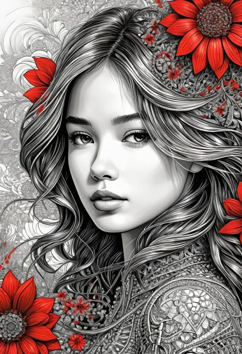 official art, unity wallpaper 8k, very detailed, beautiful and beautiful, Masterpiece, best quality, (zentangle, Mandala, tangle, entangle), (fractal art:1.3) , 1 girl, red flower,  very detailed, Dynamic angle, Cowboy Shot, The most beautiful chaos, elega...