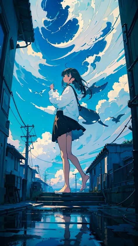 masterpiece, Exquisite detail,Highest quality, One girl, alone, handrail, cloud, Looking up at the buildings,Long Hair, zero, Long sleeve, Power lines, White footwear, Black Hair, View your viewers, Electric pole, bangs, cloudy zero, fish, bird, Green Eyes...