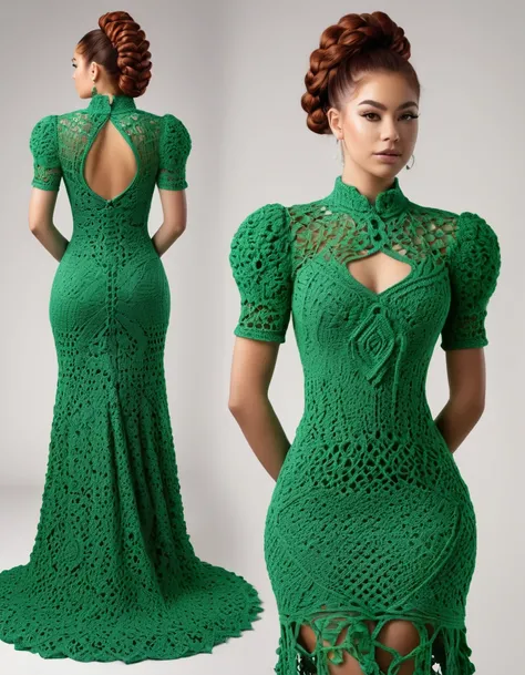 a beautiful 22 year old caucasian woman, full body, wearing green crochet dresses on a mannequin, a digital rendering inspired by Hazel Armour, tumblr, renaissance, intricate dress, vine dress, open dress, intricate fantasy dress, front and back view , det...