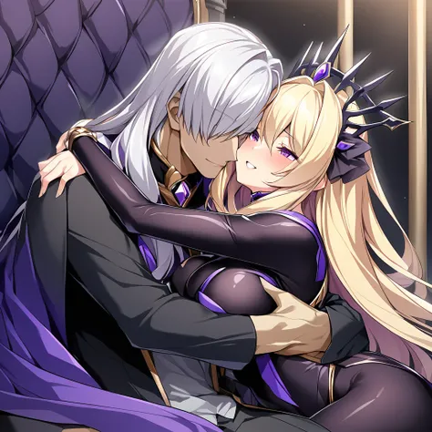 ((Highest quality)), ((masterpiece)), (detailed), （Perfect Face）、The woman is the evil queen Dark Extia, an evil transforming heroine with medium-long silver hair, an engagement ring, and a happy look on her face as she hugs the man.、The man is the evil ki...