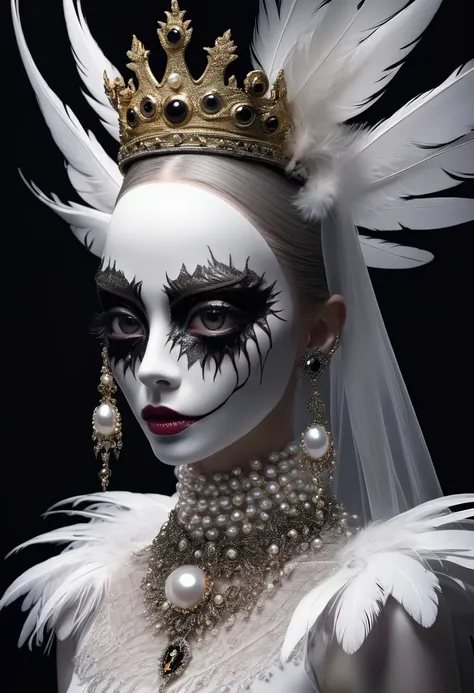 (masterpiece, best quality:1.2),Grotesque Aesthetics:1.56，Thriller， Ugly faceless person，There are many eyeballs growing on the skin of the face，teeth， Solitary，black background，crown，veil，hand，Pearl Necklace，Feather wings